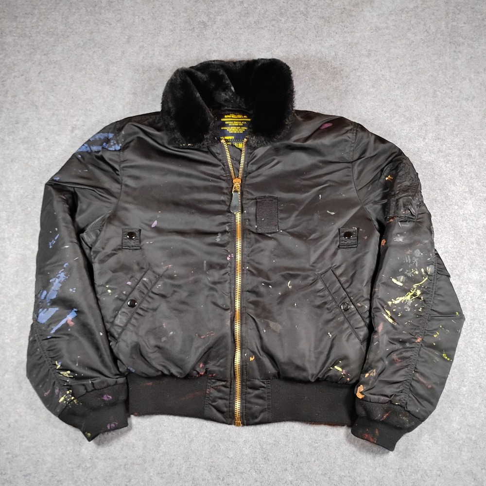 Alpha Industries B-15 Slim Fit Flight Jacket Black Paint‎ Splatter Mens Large